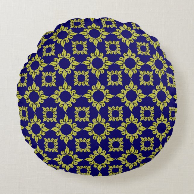 Luxury Mediterranean Tile Pattern Blue Yellow Round Cushion (Front)
