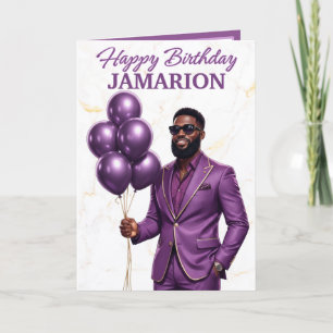 Luxury Melanin King Purple Balloon Birthday Card