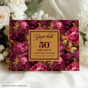 Luxury Merlot Blush Gold Floral 50th Birthday Guest Book