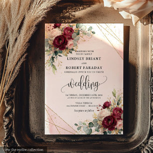Luxury Merlot Gold Blush Roses Elegant Wedding  Invitation