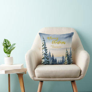 Luxury Merry xmas pine trees Gold script Holiday Cushion