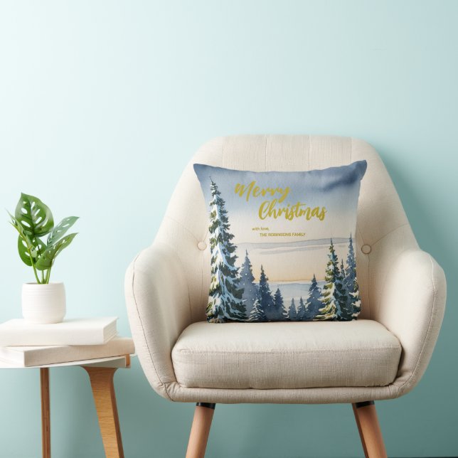 Luxury Merry xmas pine trees Gold script Holiday Cushion (Chair)