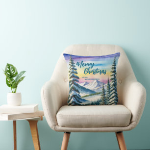 Luxury Merry Xmas pine trees gold script Holiday Cushion