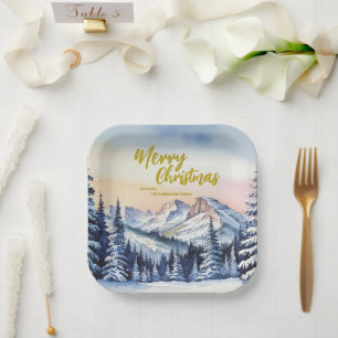 Luxury Merry xmas trees forest Gold script Holiday Paper Plate