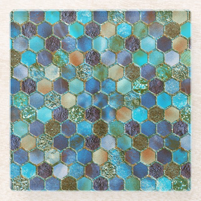 Luxury Metal Foil Glitter Aqua Teal honeycomb Glass Coaster (Front)