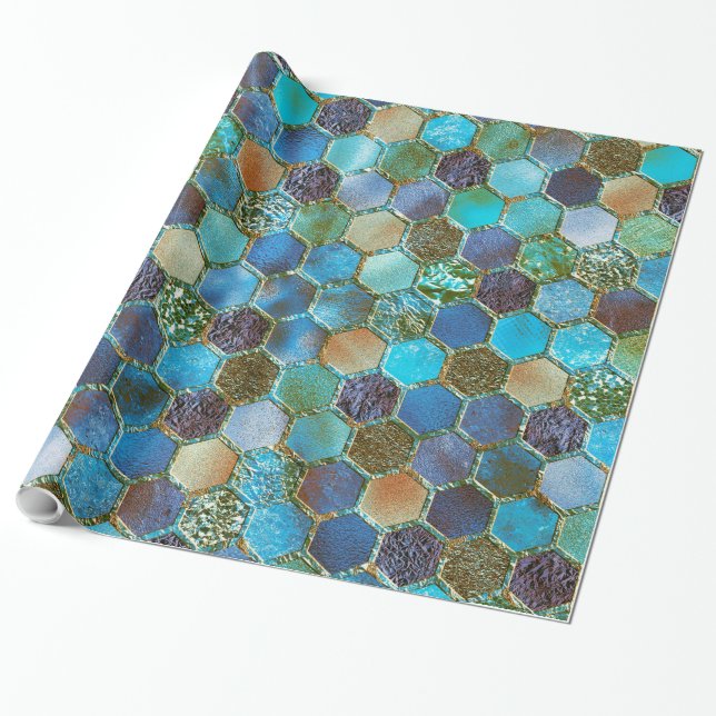 Luxury Metal Foil Glitter Aqua Teal honeycomb Wrapping Paper (Unrolled)
