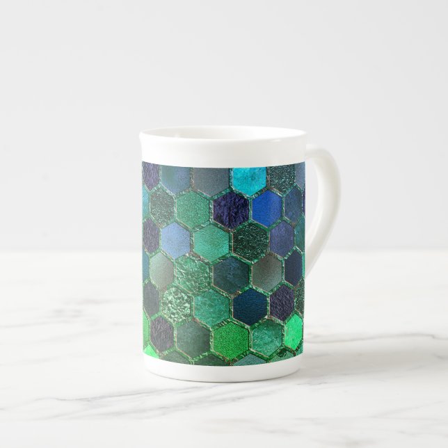 Luxury Metal Foil Glitter Blue Green honeycomb Bone China Mug (Front Right)