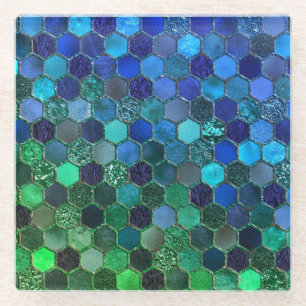 Luxury Metal Foil Glitter Blue Green honeycomb Glass Coaster