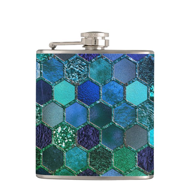 Luxury Metal Foil Glitter Blue Green honeycomb Hip Flask (Front)