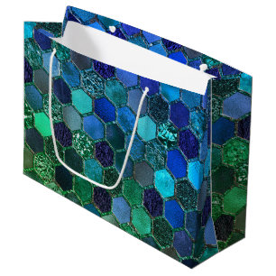 Luxury Metal Foil Glitter Blue Green honeycomb Large Gift Bag