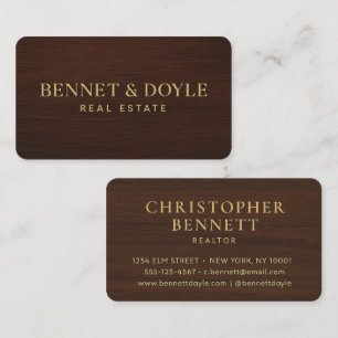 Luxury Metallic Gold on Mahogany Wood-Grain Business Card