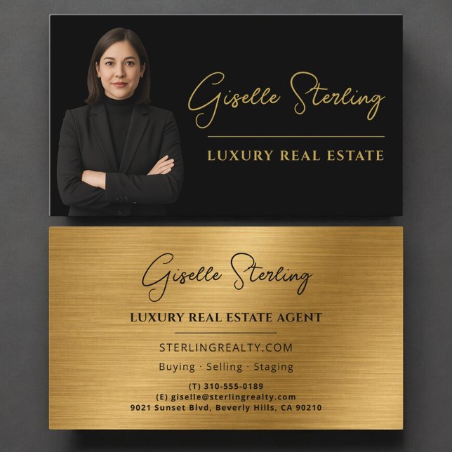 Luxury Metallic Real Estate Black Gold Script  Business Card (Creator Uploaded)