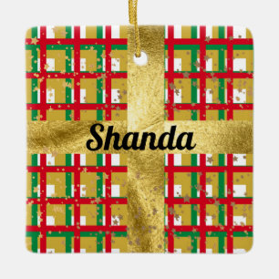Luxury metallic red green gold plaid ceramic ornament