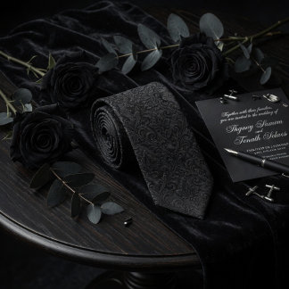 Luxury Midnight Black Embossed Damask Floral  Tie