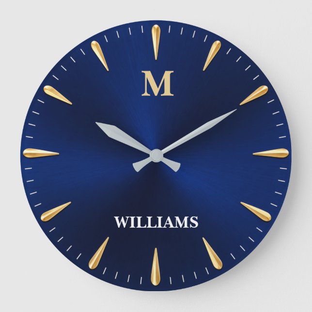 Luxury Midnight Blue Modern Minimalist Blue & Gold Large Clock (Front)