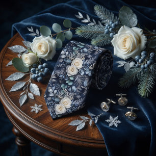 Luxury Midnight Blue Winter Rose Eucalyptus Floral Tie