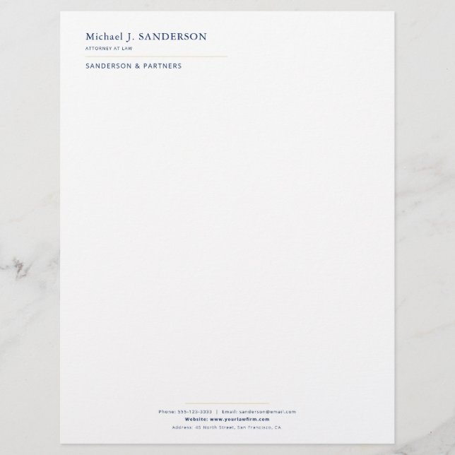 Luxury minimal elegant navy gold attorney custom letterhead (Front)