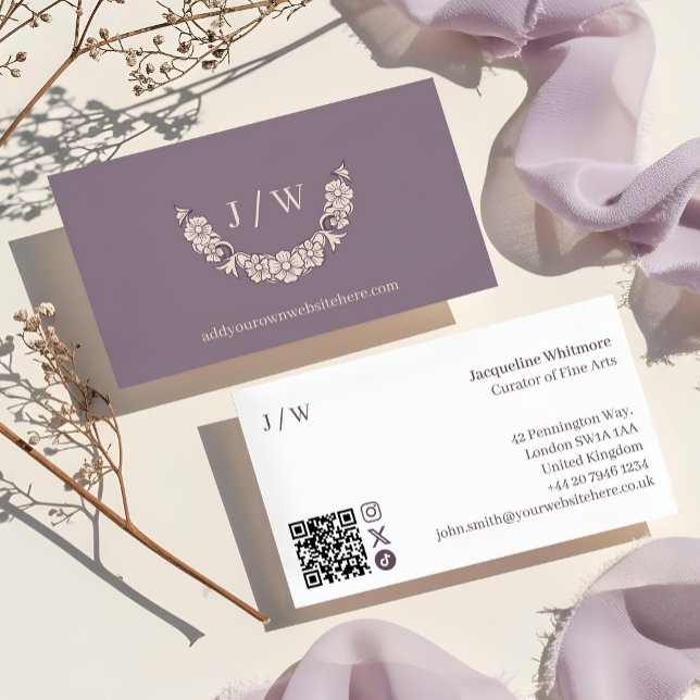 Luxury Minimal Floral Wreath Logo Monogram QR Code Business Card (Luxury Minimal Floral Wreath Logo Monogram QR Code Business Card)