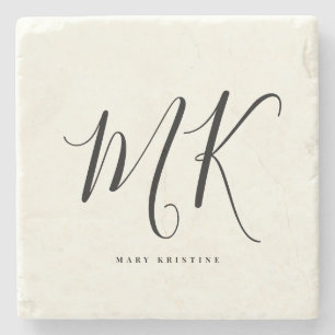 Luxury Minimal Monogram Black Ivory Chic Stylish  Stone Coaster