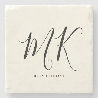 Luxury Minimal Monogram Black Ivory Chic Stylish  Stone Coaster