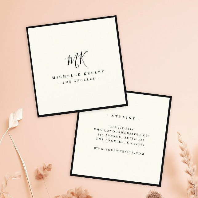 Luxury Minimal Monogram Black Ivory Classic Chic Square Business Card (Creator Uploaded)