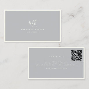 Luxury Minimal Monogram Grey Ivory Chic QR code Business Card
