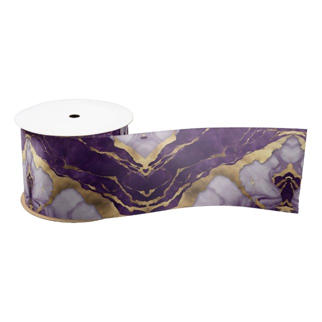 Luxury Minimalist Gold Lilac Purple Marble Swirl Satin Ribbon (Spool)