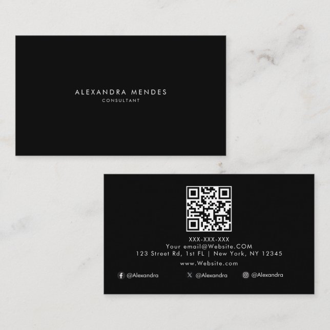 Luxury Minimalist QR Code Black Professional Business Card (Front/Back)