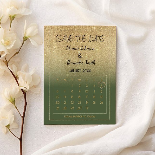 Luxury Mint Gold Glitter Calendar Save the Date  Announcement Postcard (Luxury Mint Gold Glitter Calendar Save the Date Announcement Postcard)