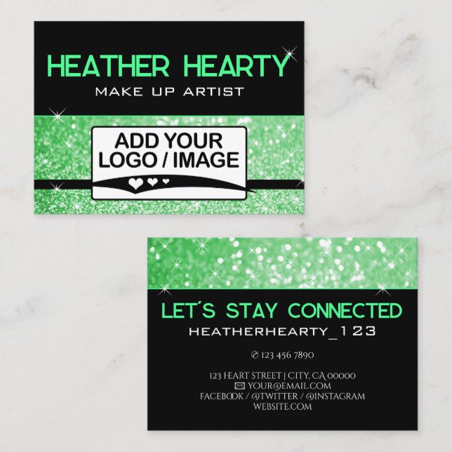 Luxury Mint Green Neon Black Glitter Logo Template Business Card (Front/Back)