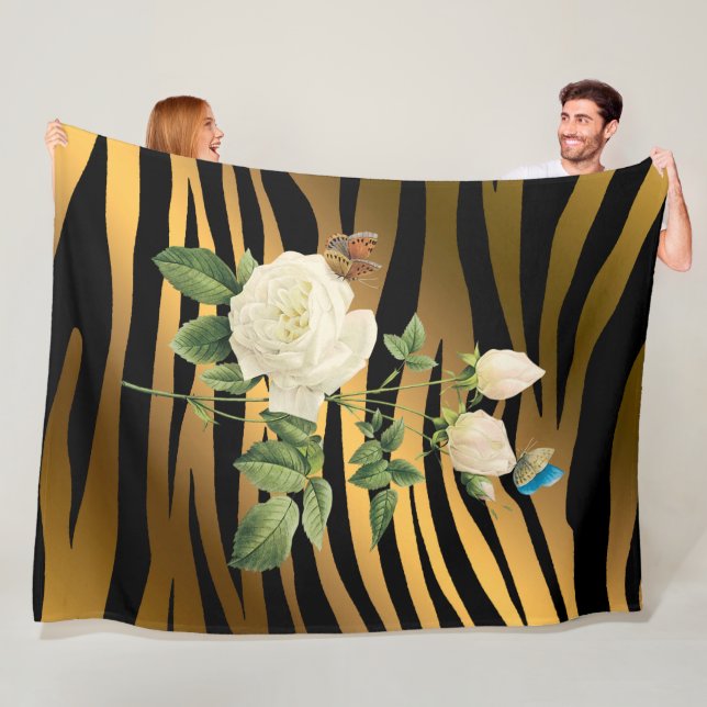 Luxury Modern Black Gold Rose Tigar Fleece Blanket (In Situ)