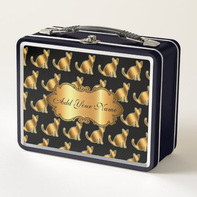 Luxury Modern Gold Cat Add Your Text Metal Lunch Box (Front)
