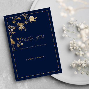 Luxury modern gold floral navy blue Thank You Invitation
