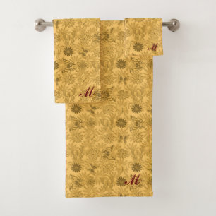 Luxury Modern Gold Natural Floral Butterfly Bath Towel Set