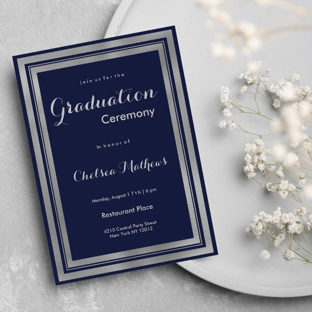 Luxury modern navy blue silver Graduation Invitation (Luxury modern navy blue silver Graduation )