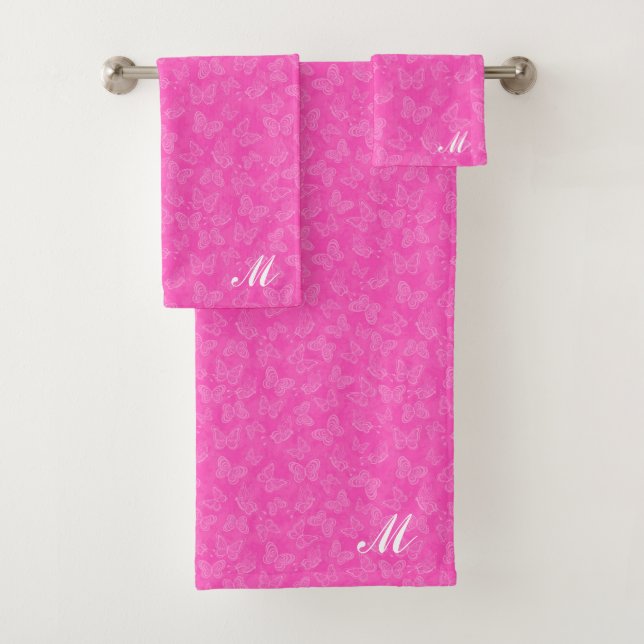 Luxury Modern Pink Natural Floral Butterfly Bath Towel Set (Insitu)