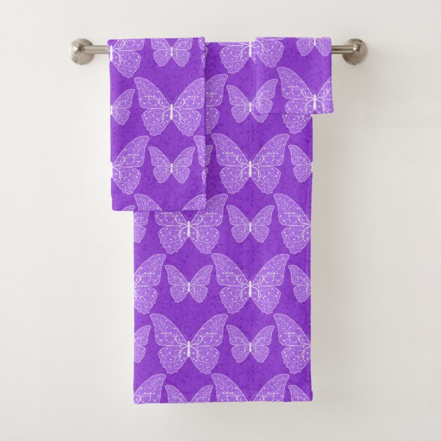 Luxury Modern Purple Natural Floral Butterfly Bath Towel Set (Insitu)