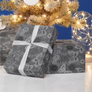 Luxury Modern Silver Natural Floral Butterfly Wrapping Paper