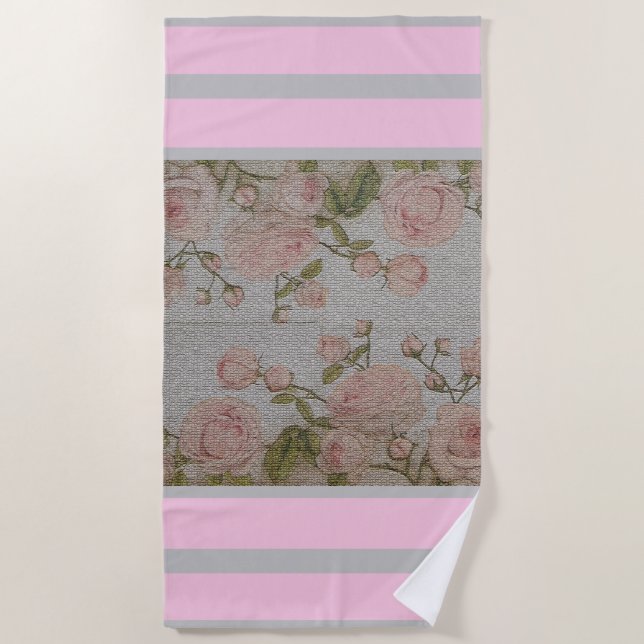 Luxury Modern Vintage Floral Rose Beach Towel (Front)