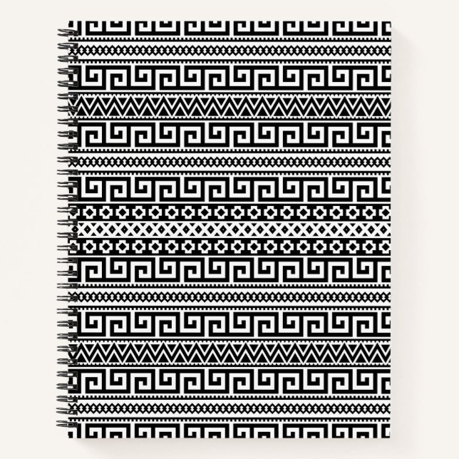Luxury Monochrome Ancient Greek Aztec Maze Linear  Notebook (Front)
