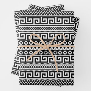 Luxury Monochrome Ancient Greek Aztec Maze Linear Wrapping Paper Sheet