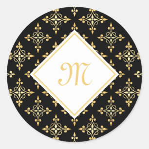 Luxury Monogram Black and Gold Quatre Floral Classic Round Sticker