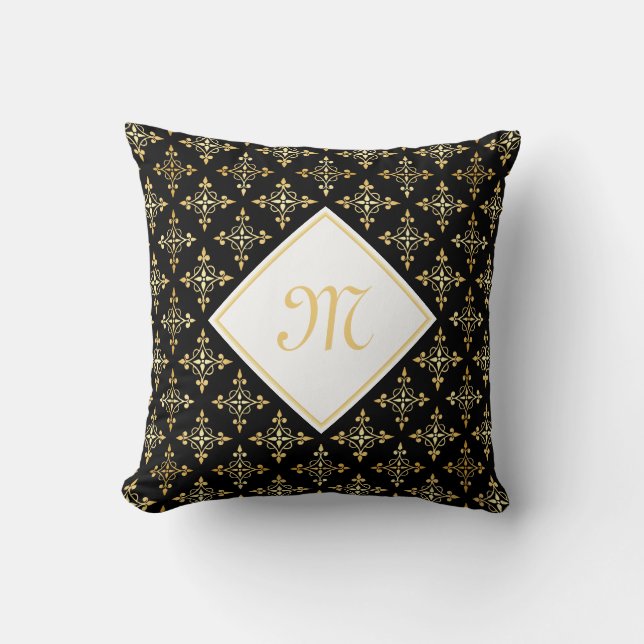 Luxury Monogram Black and Gold Quatre Floral Cushion (Front)