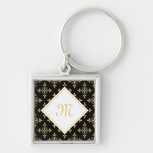 Luxury Monogram Black and Gold Quatre Floral Key Ring (Front)