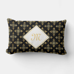 Luxury Monogram Black and Gold Quatre Floral Lumbar Cushion