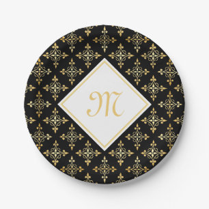 Luxury Monogram Black and Gold Quatre Floral Paper Plate