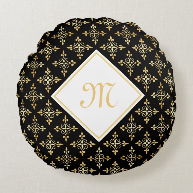Luxury Monogram Black and Gold Quatre Floral Round Cushion (Front)