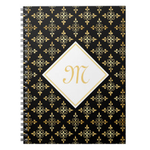 Luxury Monogram Black and Gold Quatre Floral Spiral Notebook