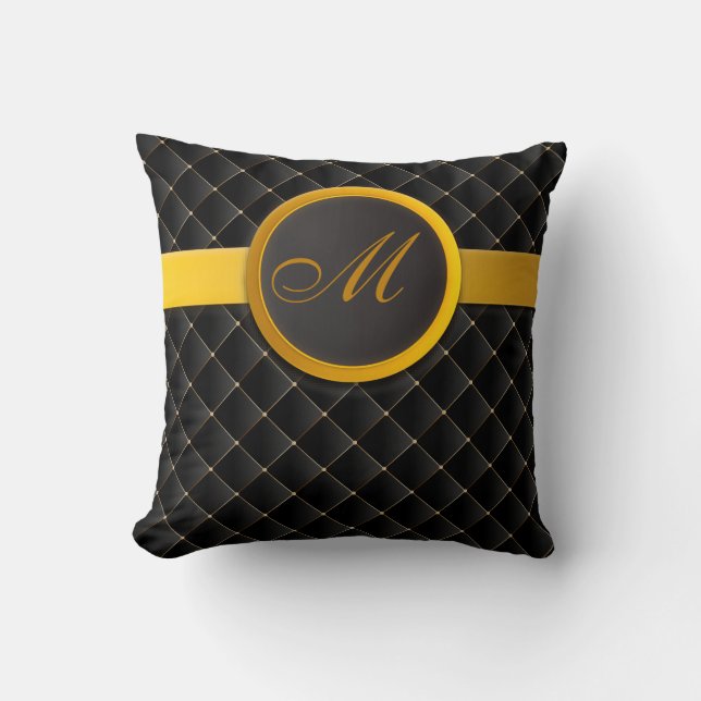 Luxury Monogram Black Diamond Upholstered Leather Cushion (Front)