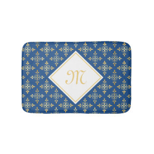 Luxury Monogram Blue and Gold Quatre Floral Bath Mat